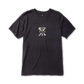 Black short-sleeve t-shirt with small white crossed tools graphic printed on front chest area