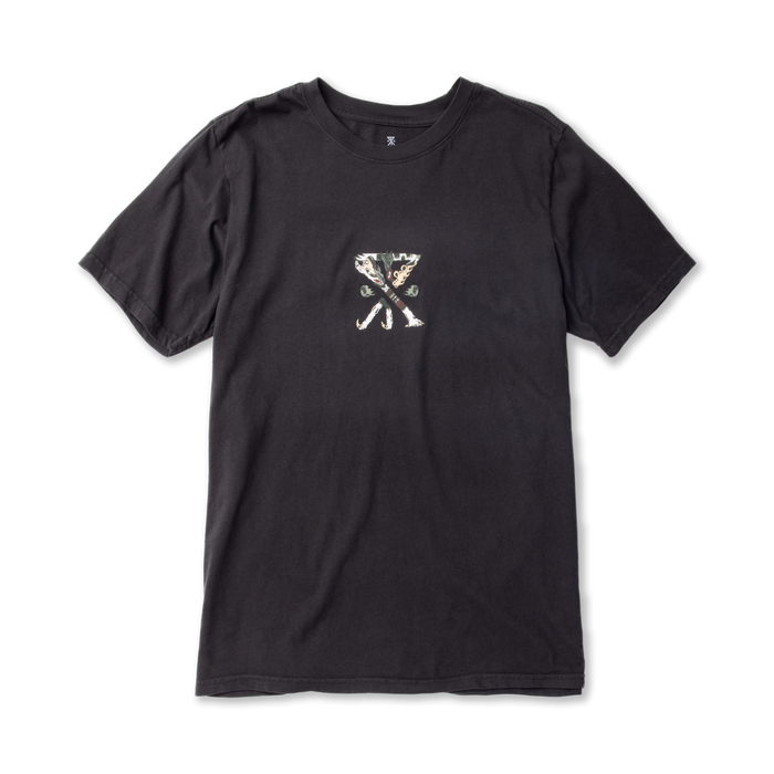 Black short-sleeve t-shirt with small white crossed tools graphic printed on front chest area