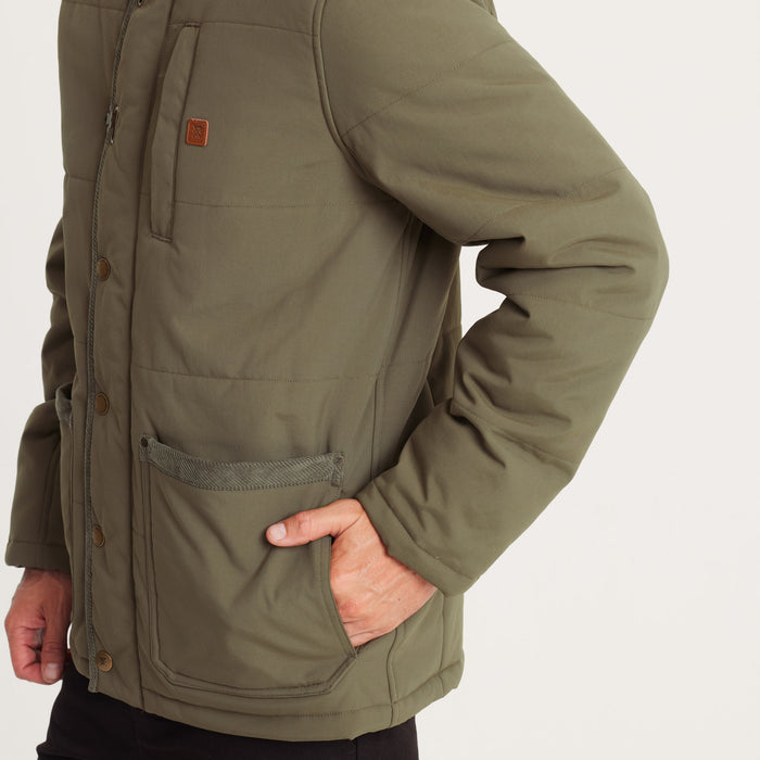 Side view of a men’s olive green insulated jacket with patch pockets and quilted construction, offering warmth and versatility for outdoor adventures.