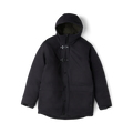 Black Axeman parka jacket with hood, toggle and snap button closures, and front pockets displayed on flat lay against white background