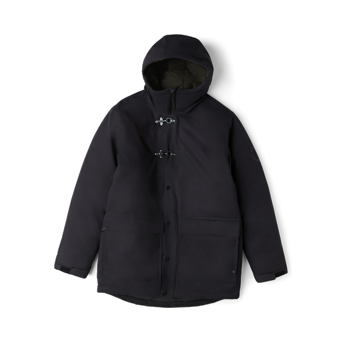 Black Axeman parka jacket with hood, toggle and snap button closures, and front pockets displayed on flat lay against white background