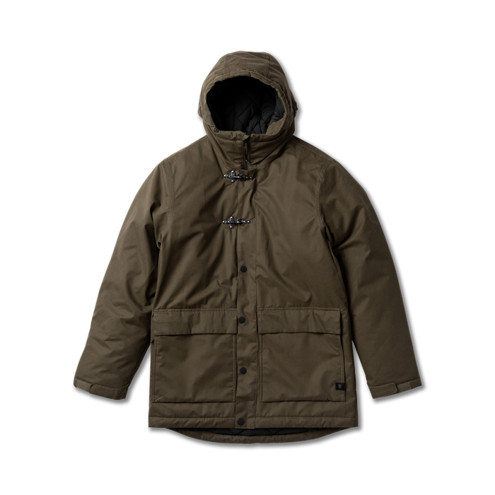 Olive green Axeman Parka Jacket with hood, toggle and snap closures, and patch pockets displayed flat on white background