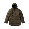 Olive green Axeman Parka Jacket with hood, toggle and snap closures, and patch pockets displayed flat on white background