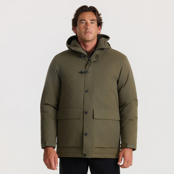Olive green Axeman Parka Jacket with hood worn by man against neutral background, front view