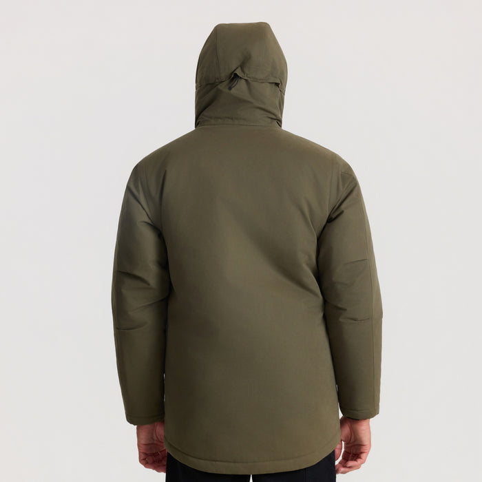 Olive green Axeman Parka Jacket with hood and quilted sleeves, shown from back on model wearing burgundy undershirt