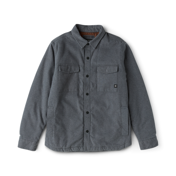 Backwoods Jacket in dark slate gray with button front, dual chest pockets, and brown interior lining
