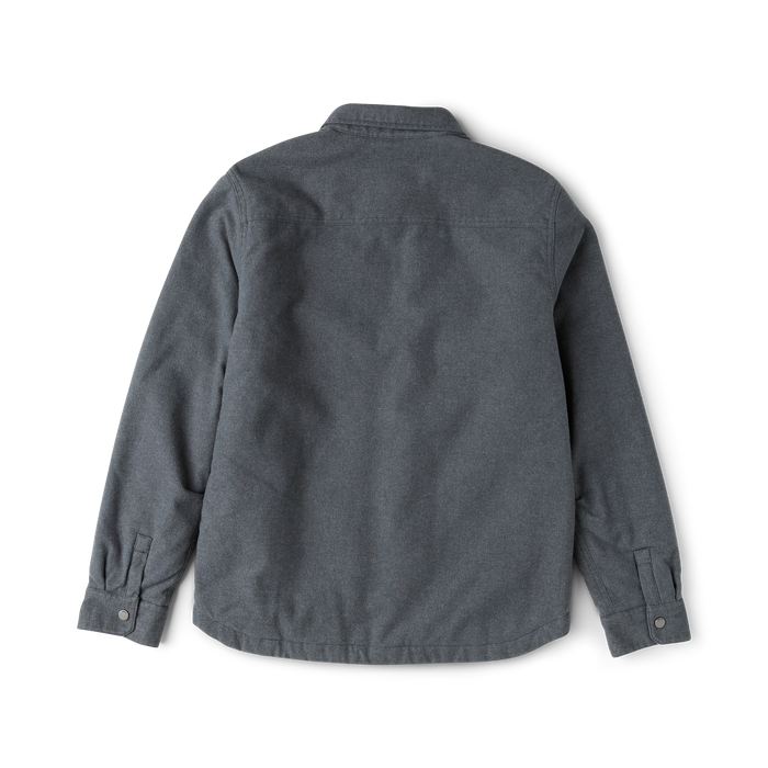 Backwoods Jacket in dark slate gray denim, shown from back view on flat lay with collar and button cuffs visible
