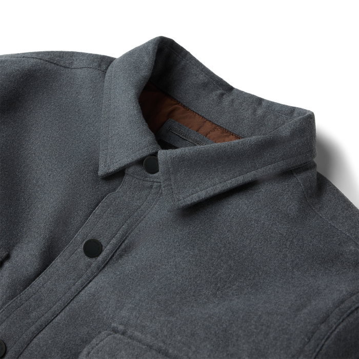 Backwoods Jacket in dark slate gray with brown lining visible at open collar, button front detail shown in close-up