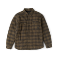 Brown plaid button-up shirt jacket with chest pockets laid flat against white background