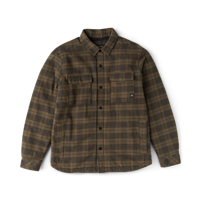 Brown plaid button-up shirt jacket with chest pockets laid flat against white background