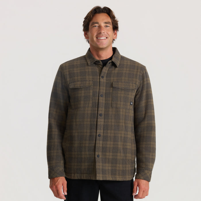 Military plaid button-up shirt jacket on smiling man against white background, front view