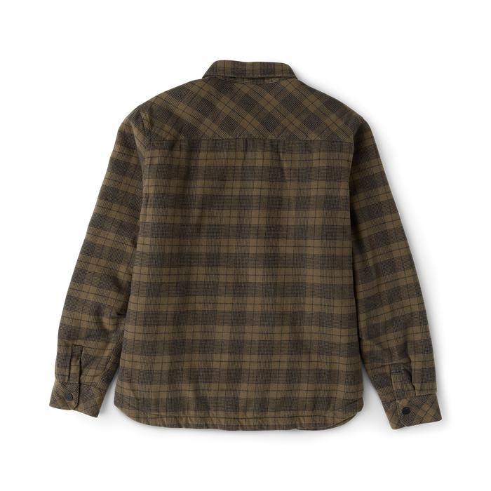 Backwoods Jacket in military plaid flat lay showing back view with collared neckline and long sleeves