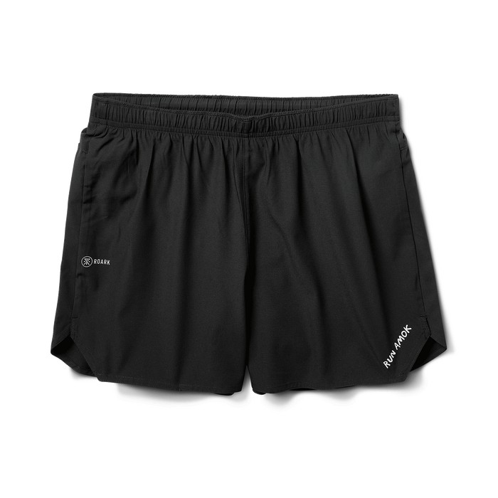 Close-up of the Roark logo on the leg of the Baja 5" Shorts in Black 2.