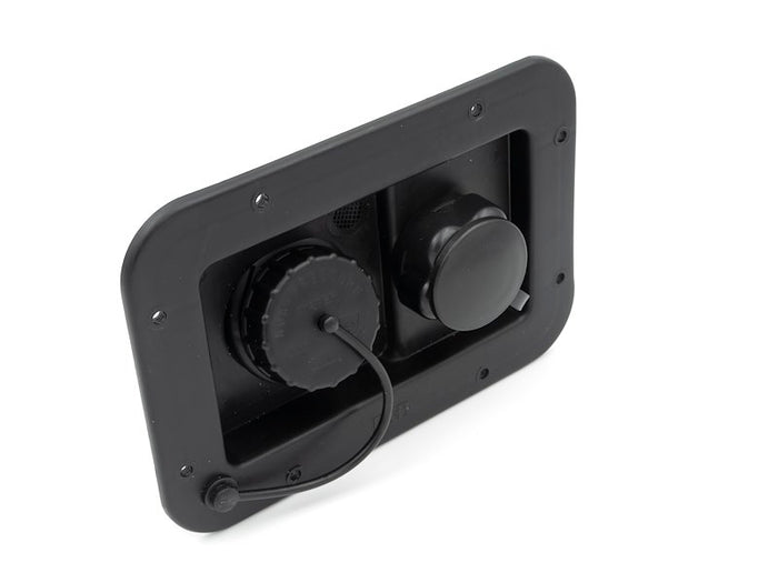 Black UV-Stable RV Fresh Water Inlet Panel 94223 - Angled View with Caps Attached | United RV Parts