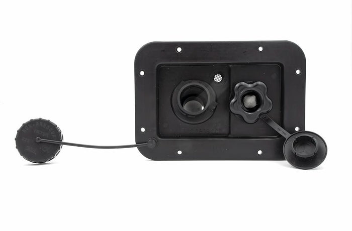 Black B&B Molders RV City Water Inlet Panel 94223 - Front View Caps Open | United RV Parts