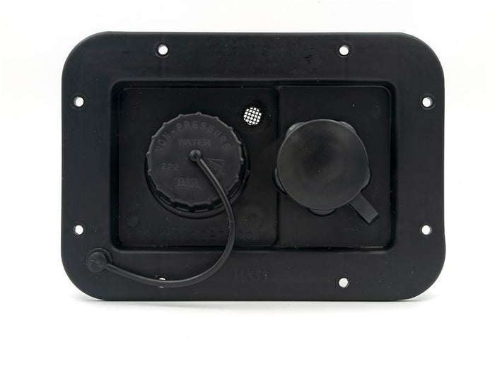 Black RV Gravity Water Fill Panel 94223 - Straight-On Front View Caps Closed | United RV Parts