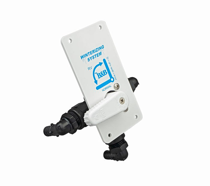 White B&B Molders Winterizing Diverter Valve 94230 with Black Fittings - Angle View | United RV Parts