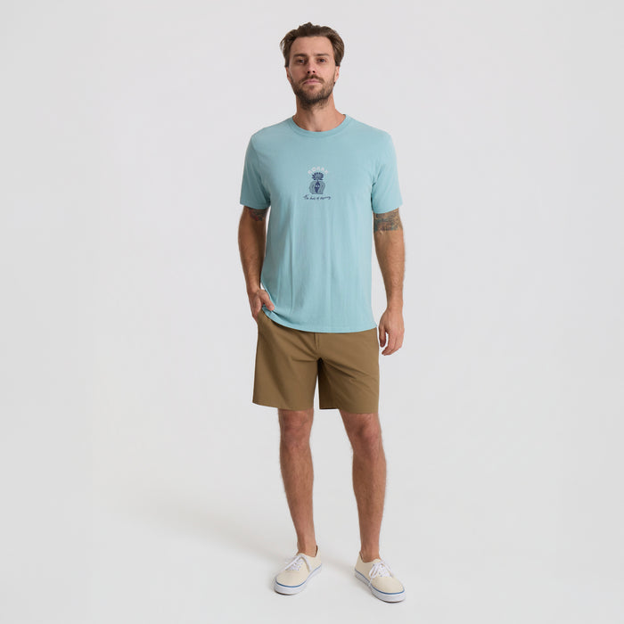 Man standing in nature wearing durable Roark boardshorts, ideal for adventure and outdoor activities.