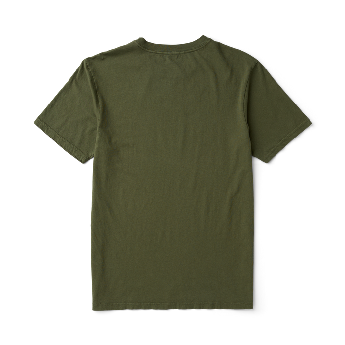 Close-up of a military green Roark active t-shirt with focus on the sleeve detail, designed for adventure and outdoor activities.