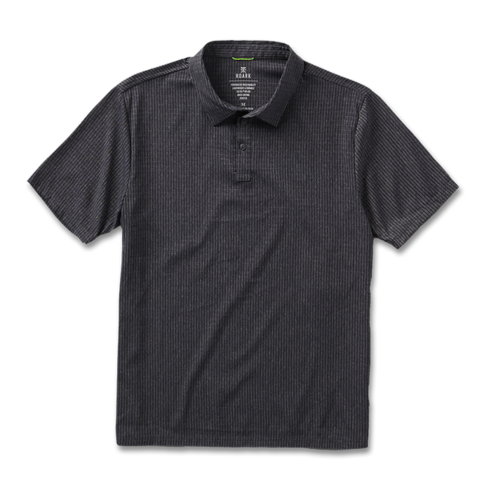Black polo shirt with a collar and button detailing, perfect for active outdoor adventures.