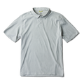 Close-up of a grey Roark active polo shirt highlighting the sleeve and collar details, designed for adventure and travel.