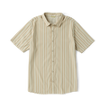 Close-up of an adventure-ready active shirt by Roark, featuring durable buttons, a firm collar, and versatile sleeves in a beige color.