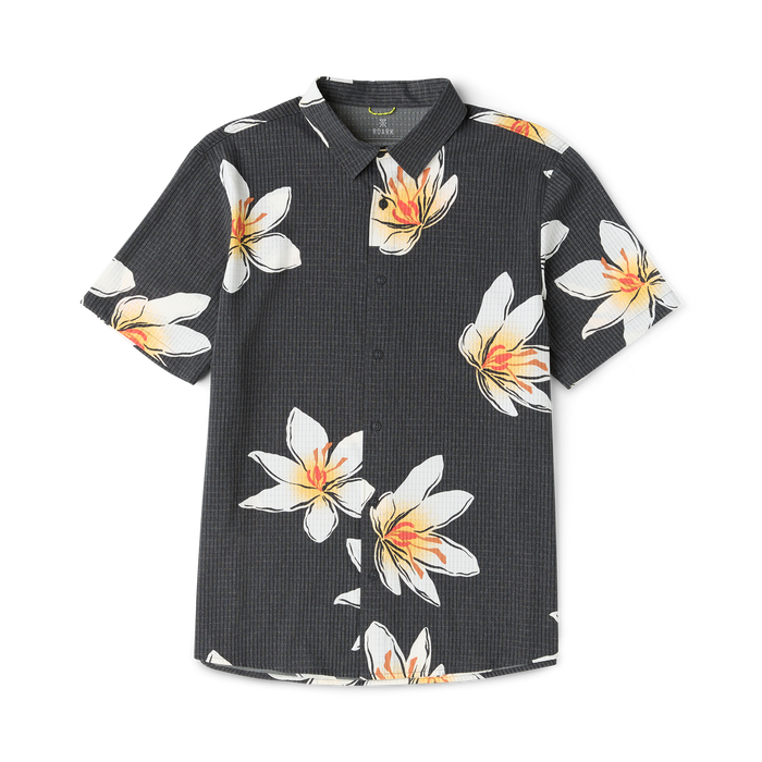 Charcoal short-sleeve button-up shirt with white and orange crocus floral print throughout and ribbed texture fabric