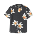 Charcoal short-sleeve button-up shirt with white and orange crocus floral print throughout and ribbed texture fabric