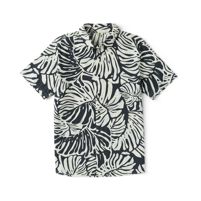 Active black Roark running shirt with white collar and sleeve details, featuring prominent Roark logo on the front, ideal for outdoor adventures and travel.