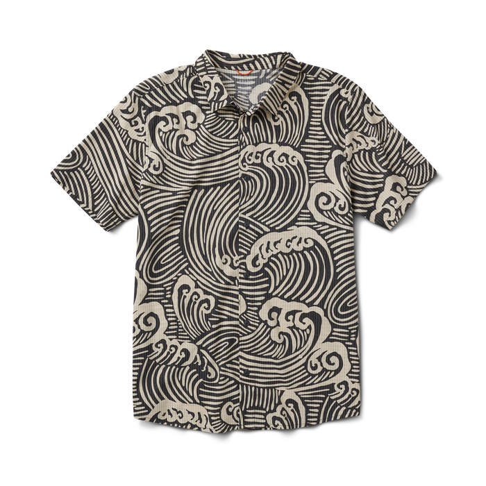 Close-up of the fabric pattern and Roark logo on the Bless Up Breathable Stretch Shirt in Black Wave.