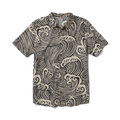 Close-up of the fabric pattern and Roark logo on the Bless Up Breathable Stretch Shirt in Black Wave.