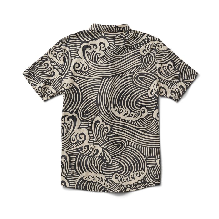Detail shot of the neckline and stitching on the Roark Bless Up Breathable Stretch Shirt in Black Wave.
