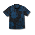 Close-up detail of a Roark active adventure shirt featuring a distinctive pattern, collar, and buttons, ideal for outdoor enthusiasts.