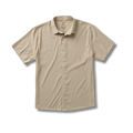 Close-up of an outdoor adventure shirt featuring a detailed collar and button design, perfect for travel and exploration.