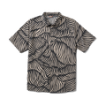 Close-up of a gray active shirt with visible sleeve, collar, and button details, displayed on a clothes hanger, designed for adventure and travel.