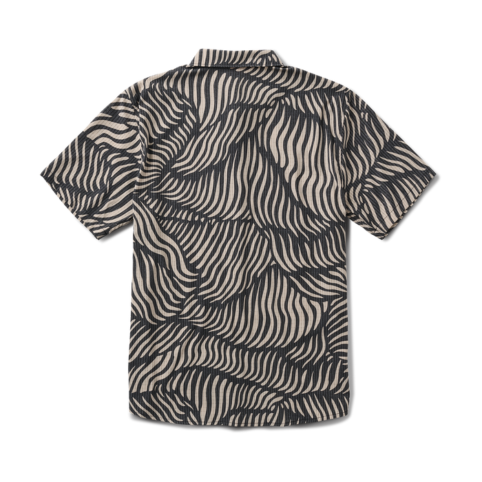 Close-up of a gray Roark active shirt featuring distinctive patterns, visible buttons, and a detailed collar and sleeve design, perfect for outdoor adventures.