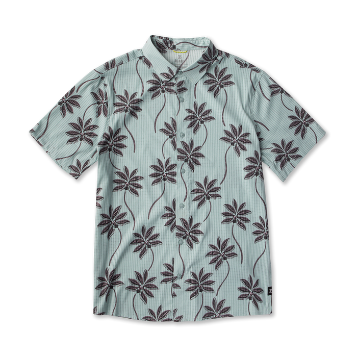 Bless Up Breathable Stretch Shirt in hazy blue with dark burgundy palm leaf print, short sleeves, button front, flat lay display