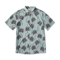 Bless Up Breathable Stretch Shirt in hazy blue with dark burgundy palm leaf print, short sleeves, button front, flat lay display