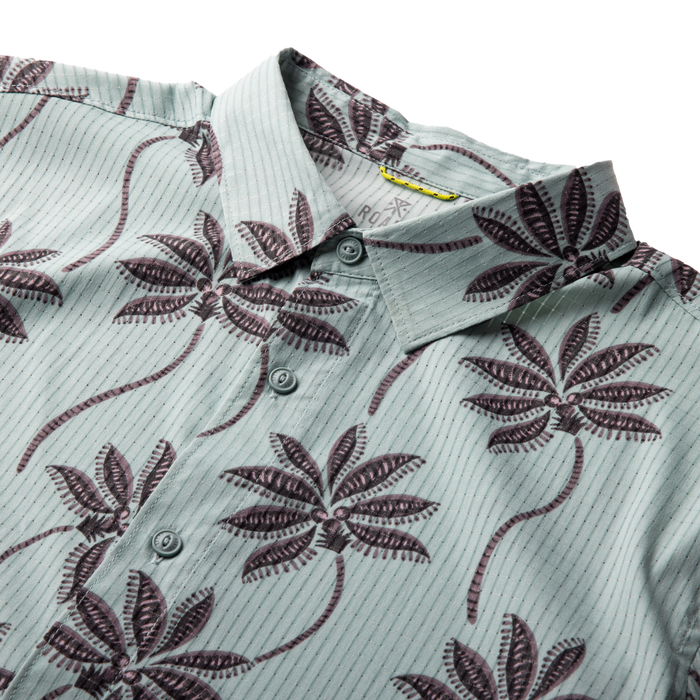 Bless Up Breathable Stretch Shirt in hazy blue with burgundy leaf print, detail shot showing collar and buttons