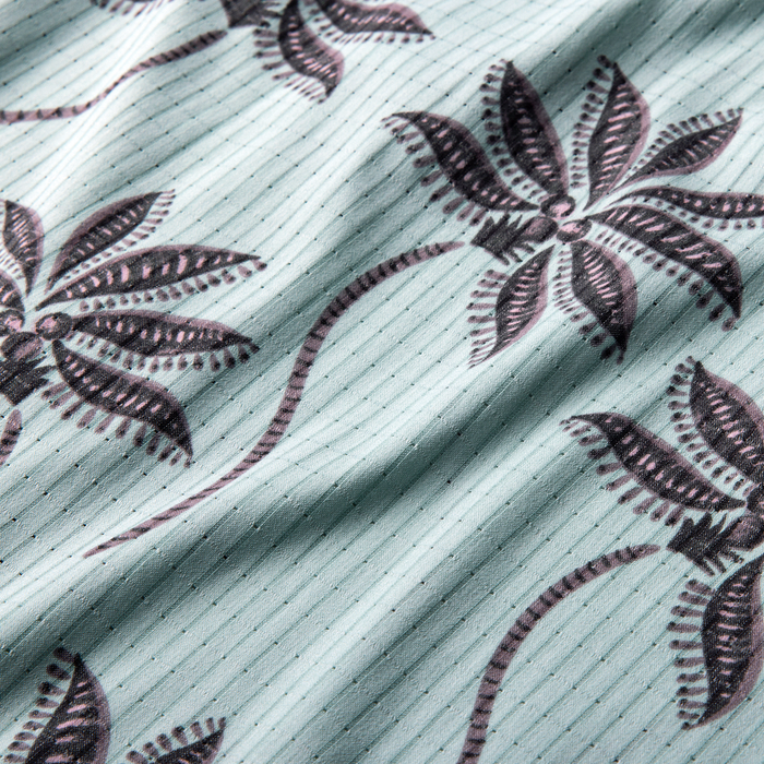 Bless Up Breathable Stretch Shirt in hazy blue with burgundy leaf pattern, close-up detail of fabric texture and print