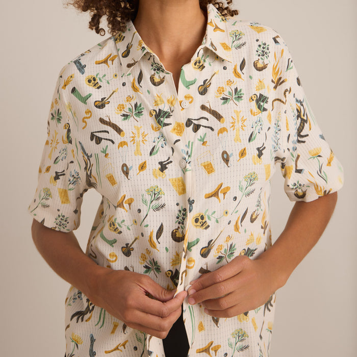 Close-up of the unique moon pattern on the Roark Bless Up Button Up Shirt.