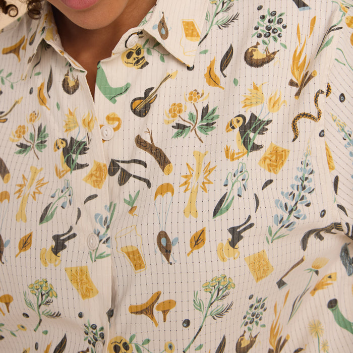 Detail shot of the collar and button closure on the moon-patterned Roark Bless Up Button Up Shirt.