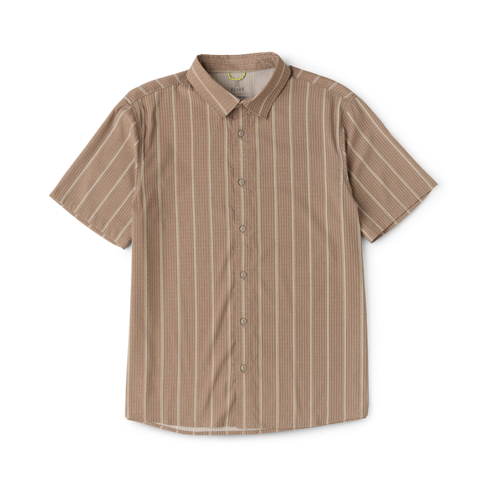 Bless Up Breathable Stretch Shirt in mushroom tan with vertical stripe pattern, displayed flat lay against white background