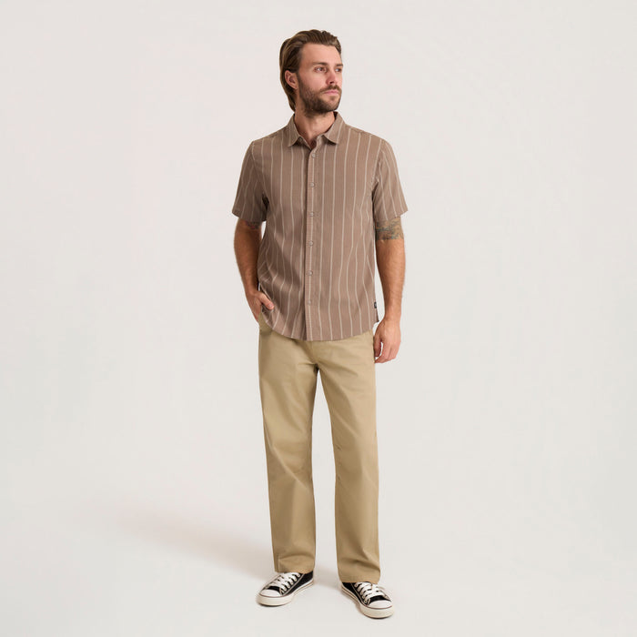 Bless Up Breathable Stretch Shirt in mushroom with vertical stripes, worn by man on model with khaki pants