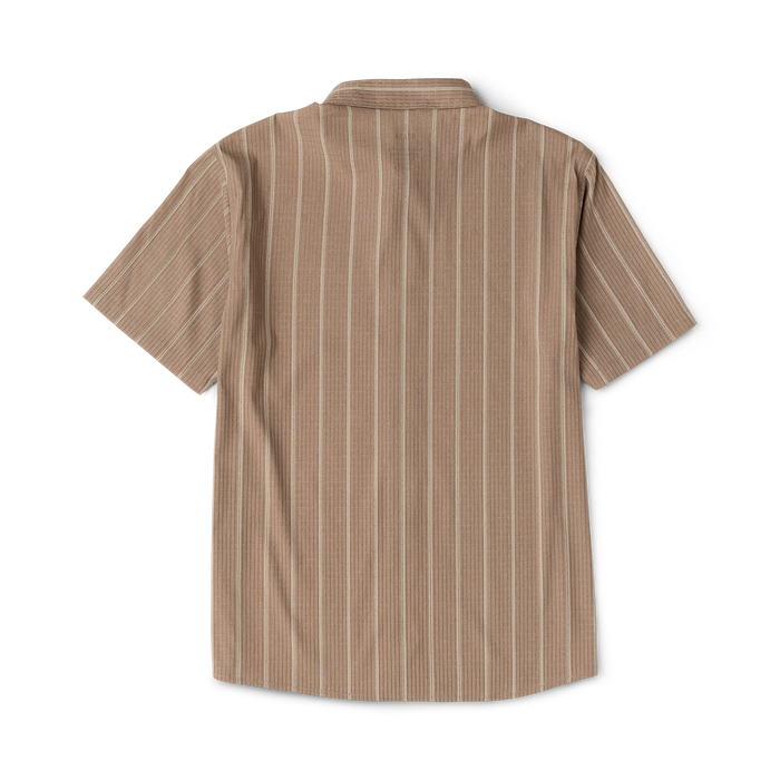 Bless Up Breathable Stretch Shirt in mushroom tan with vertical pinstripe pattern, displayed flat lay from back view