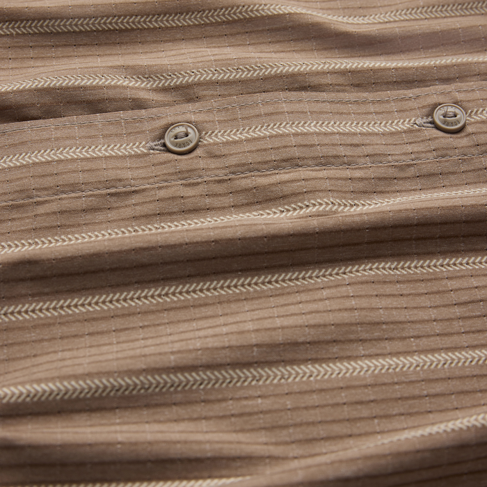 Bless Up Breathable Stretch Shirt in mushroom brown with herringbone texture and tan buttons, detail shot
