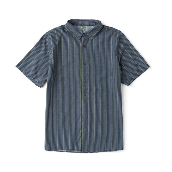 Close-up of a versatile Roark active dress shirt featuring detailed stitching on sleeve, collar, and buttons, perfect for adventure and travel.