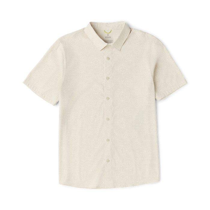 Bless Up Breathable Stretch Shirt in sand color with short sleeves and button-front closure, displayed flat lay on white background