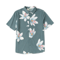 Slate green short-sleeve shirt with white and coral floral print, displayed flat on white background