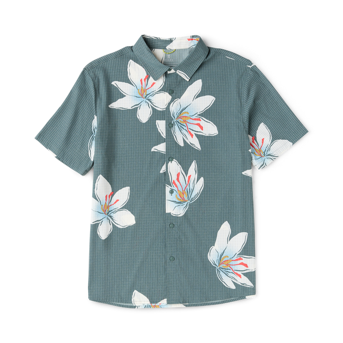 Slate green short-sleeve shirt with white and coral floral print, displayed flat on white background